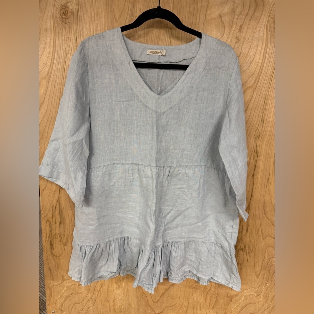 Laura Bianchi Linen Tunic Top Size Large Blue 3/4 Sleeve V Neck Boho Made Italy